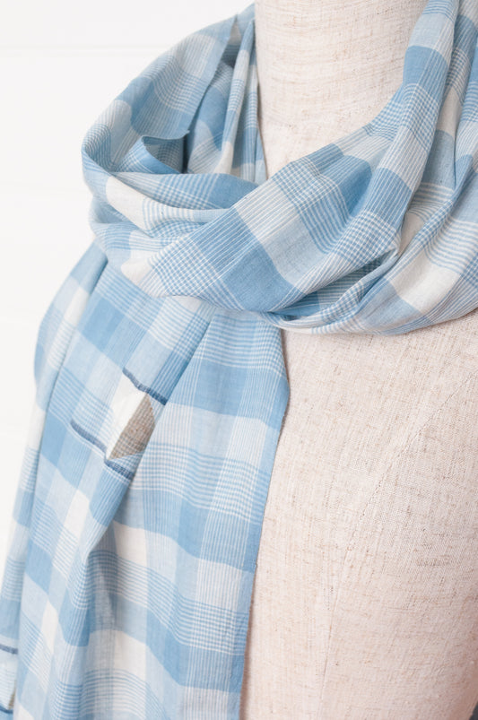 Karomi indigo blue natural dye handwoven jamdani and check cotton scarf.