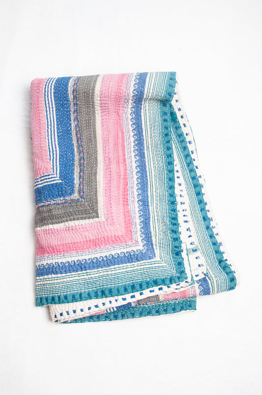 Striped vintage kantha quilt in pink, blue, grey and green.