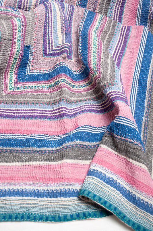 Striped vintage kantha quilt in pink, blue, grey and green.