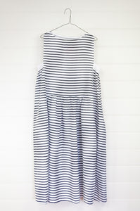 Banana Blue blue and white stripe sleeveless linen dress, with side gathers and gathered skirt.