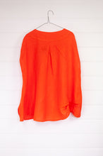 Load image into Gallery viewer, Banana Blue neon orange linen top with short sleeves and pleat detailing.