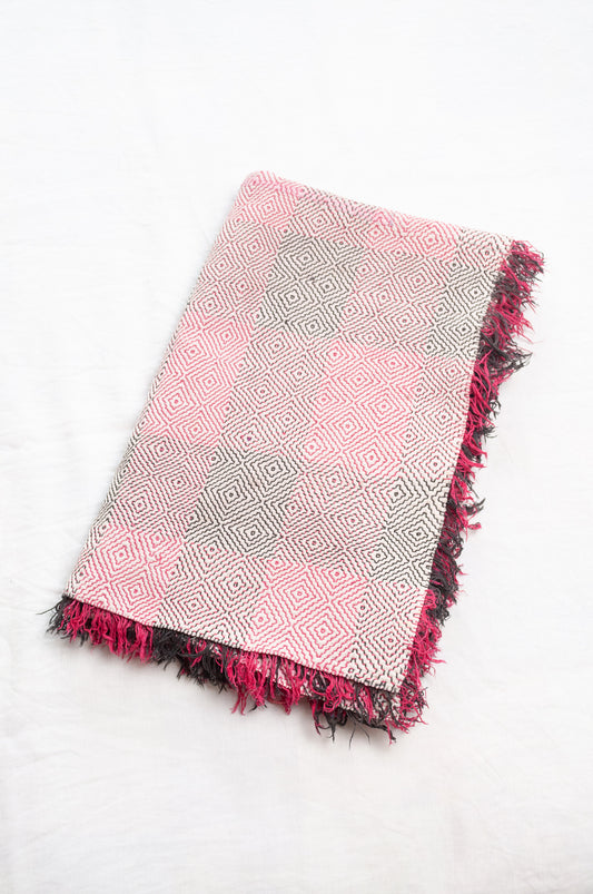 Lohori stitched vintage quilt pink and brown stitching on white.