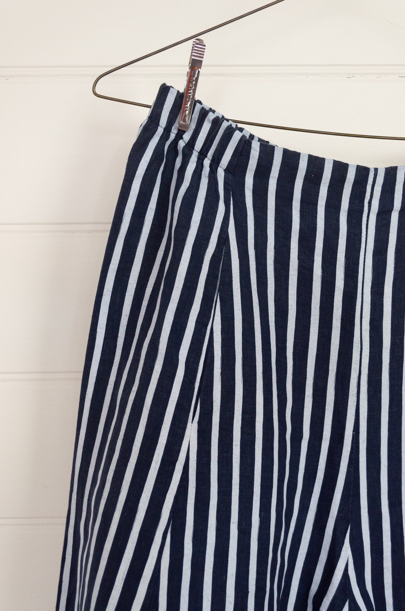 Banana Blue made in Melbourne white on blue stripe linen pants.