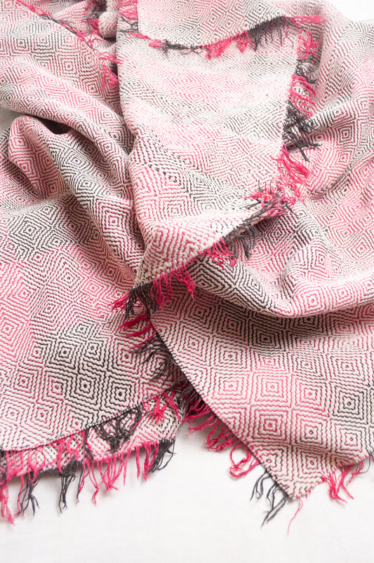 Lohori stitched vintage quilt pink and brown stitching on white.