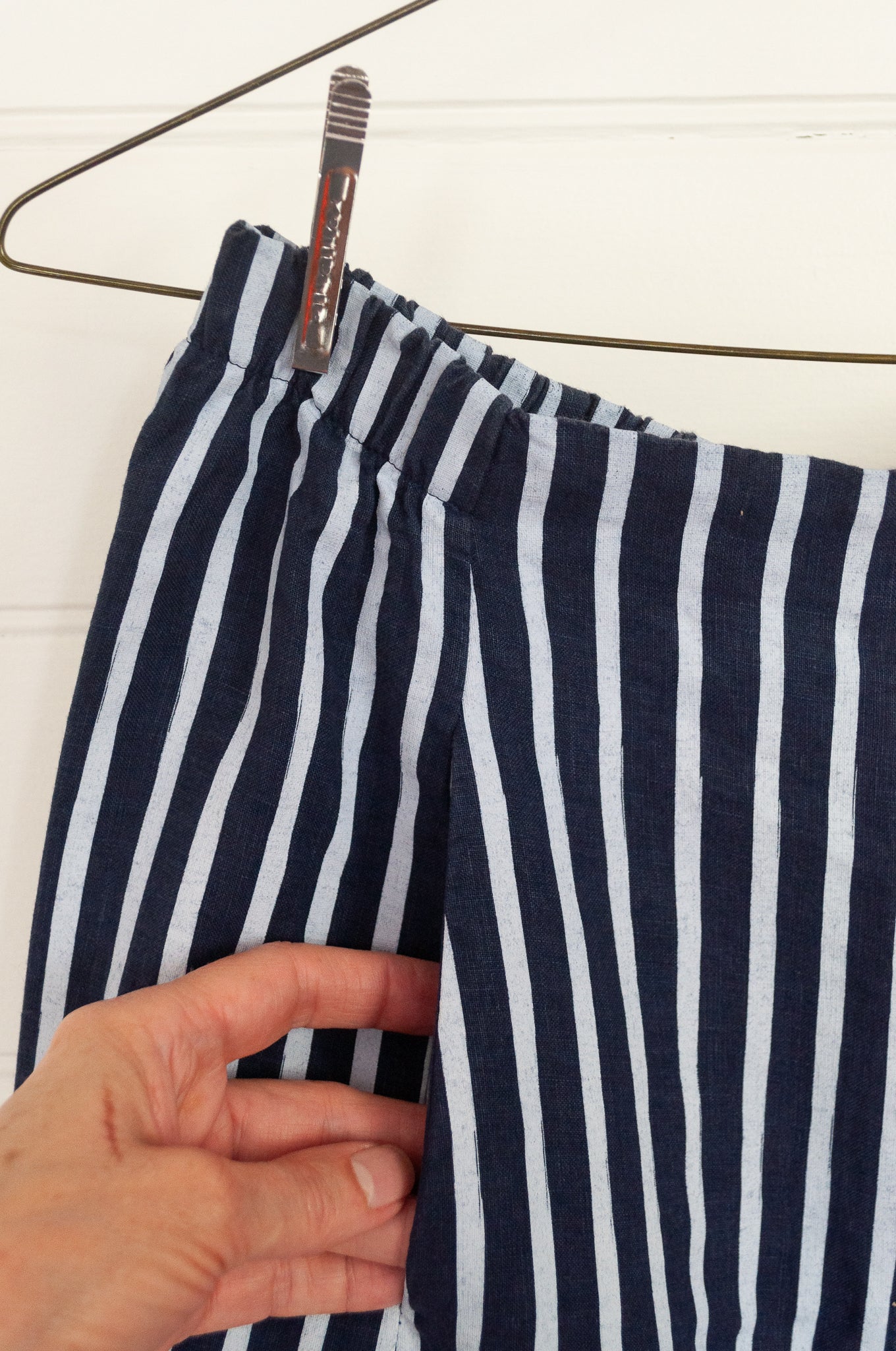 Banana Blue made in Melbourne white on blue stripe linen pants.