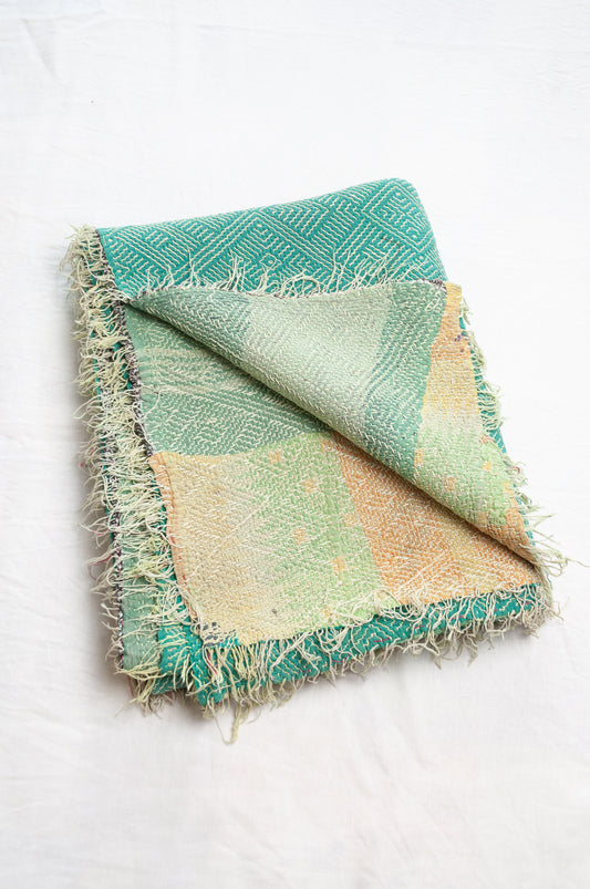 Mint green and white lohori vintage kantha quilt.