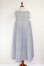 Load image into Gallery viewer, Banana Blue blue and white stripe sleeveless linen dress, with side gathers and gathered skirt.