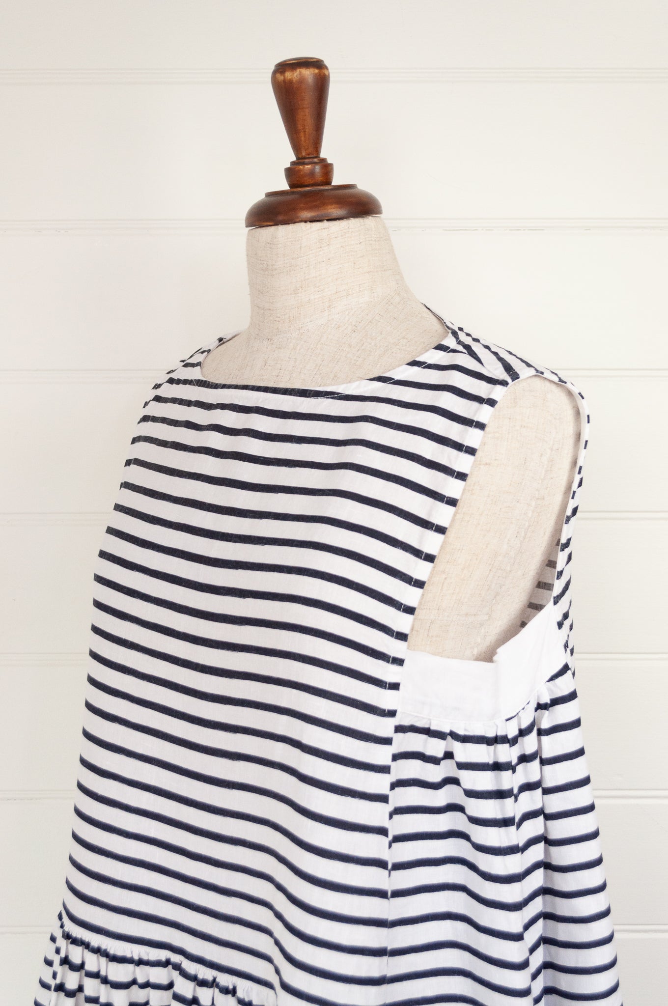 Banana Blue blue and white stripe sleeveless linen dress, with side gathers and gathered skirt.
