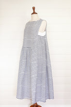 Load image into Gallery viewer, Banana Blue blue and white stripe sleeveless linen dress, with side gathers and gathered skirt.
