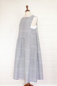 Banana Blue blue and white stripe sleeveless linen dress, with side gathers and gathered skirt.