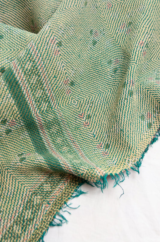 Mint green and red lohori vintage kantha quilt.