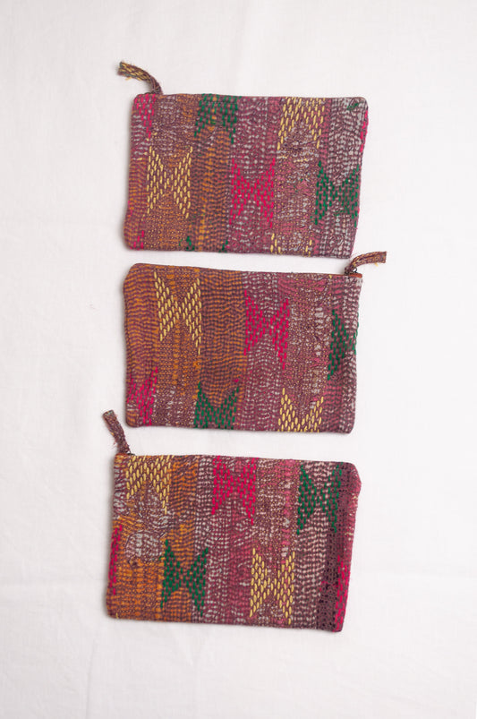 Vintage embroidered kantha quilt zippered pouches.