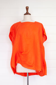 Banana Blue neon orange linen top with short sleeves and pleat detailing.