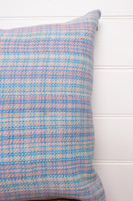 Vintage kantha quilt cushion in blue and lavender plaid.