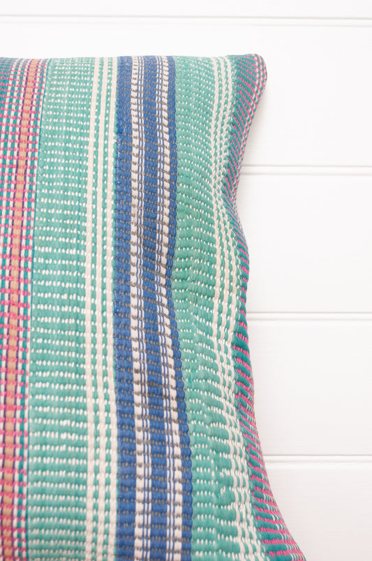 Vintage kantha cushion with stripes in pink, blue and green, finely stitched.