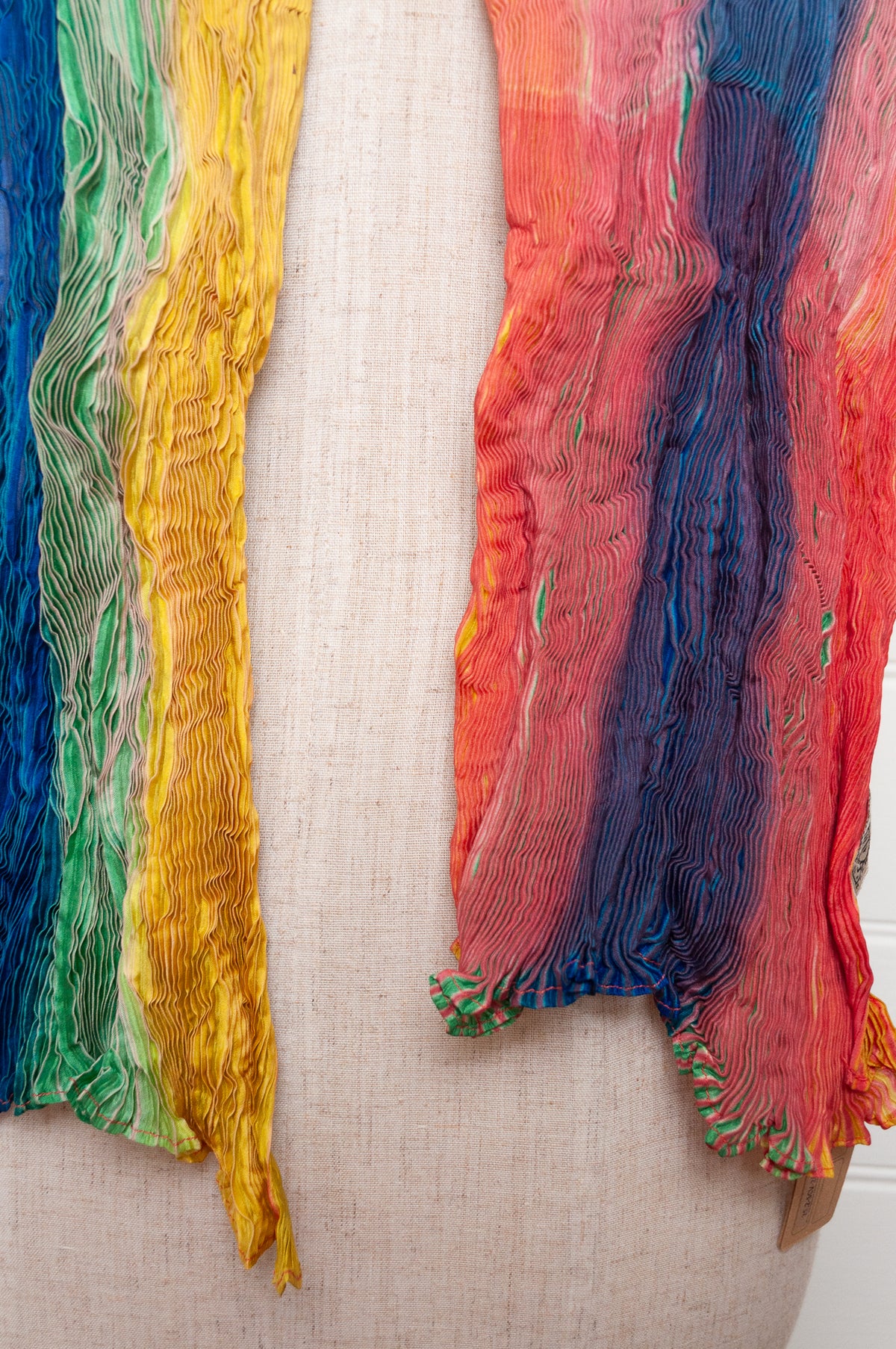 Neeru Kumar shibori dyed pure silk crinkle scarf in rainbow colours.