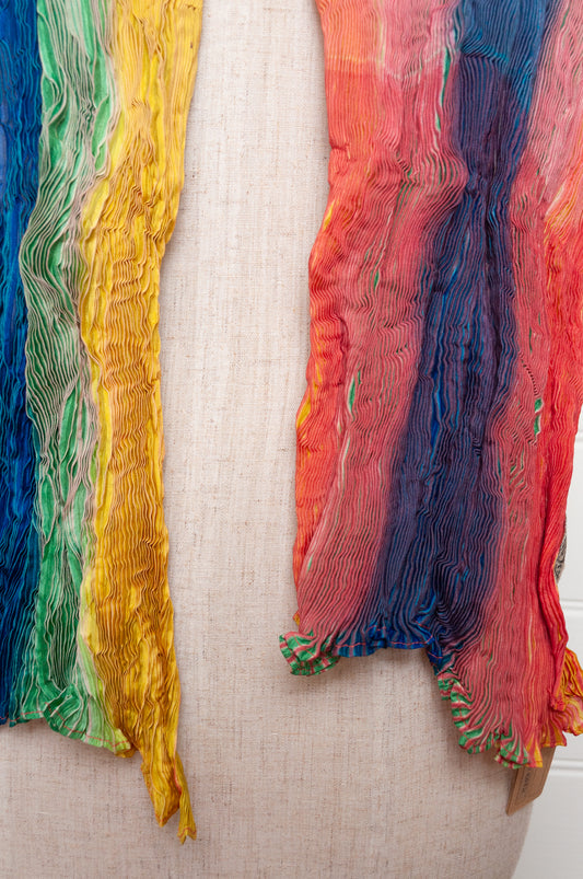 Neeru Kumar shibori dyed pure silk crinkle scarf in rainbow colours.
