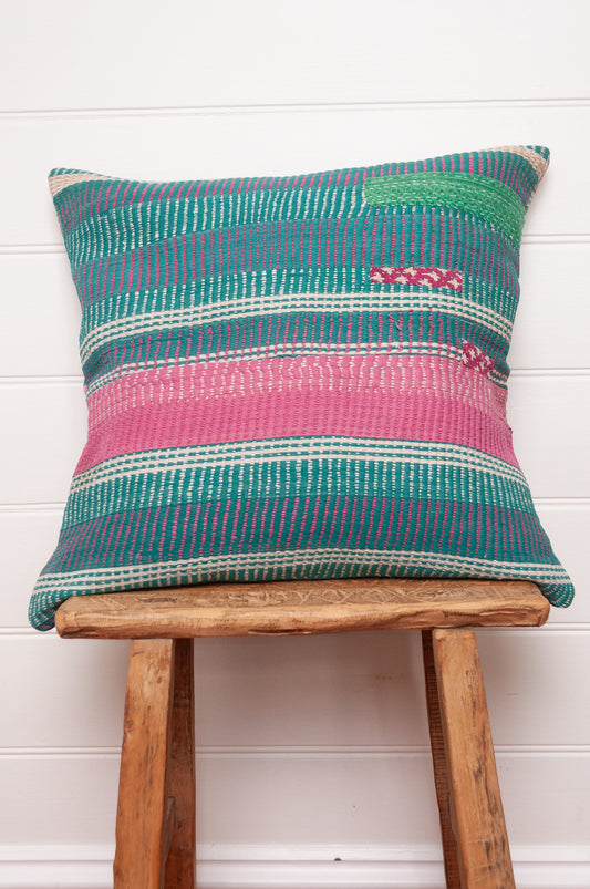 Vintage kantha cushion with stripes in pink, blue and green, finely stitched.