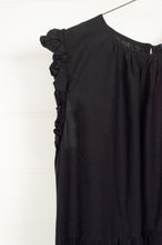 Load image into Gallery viewer, Valia made in Melbourne NYE little black dress in black silk cotton, tiered skirt and ruffles at the shoulder.