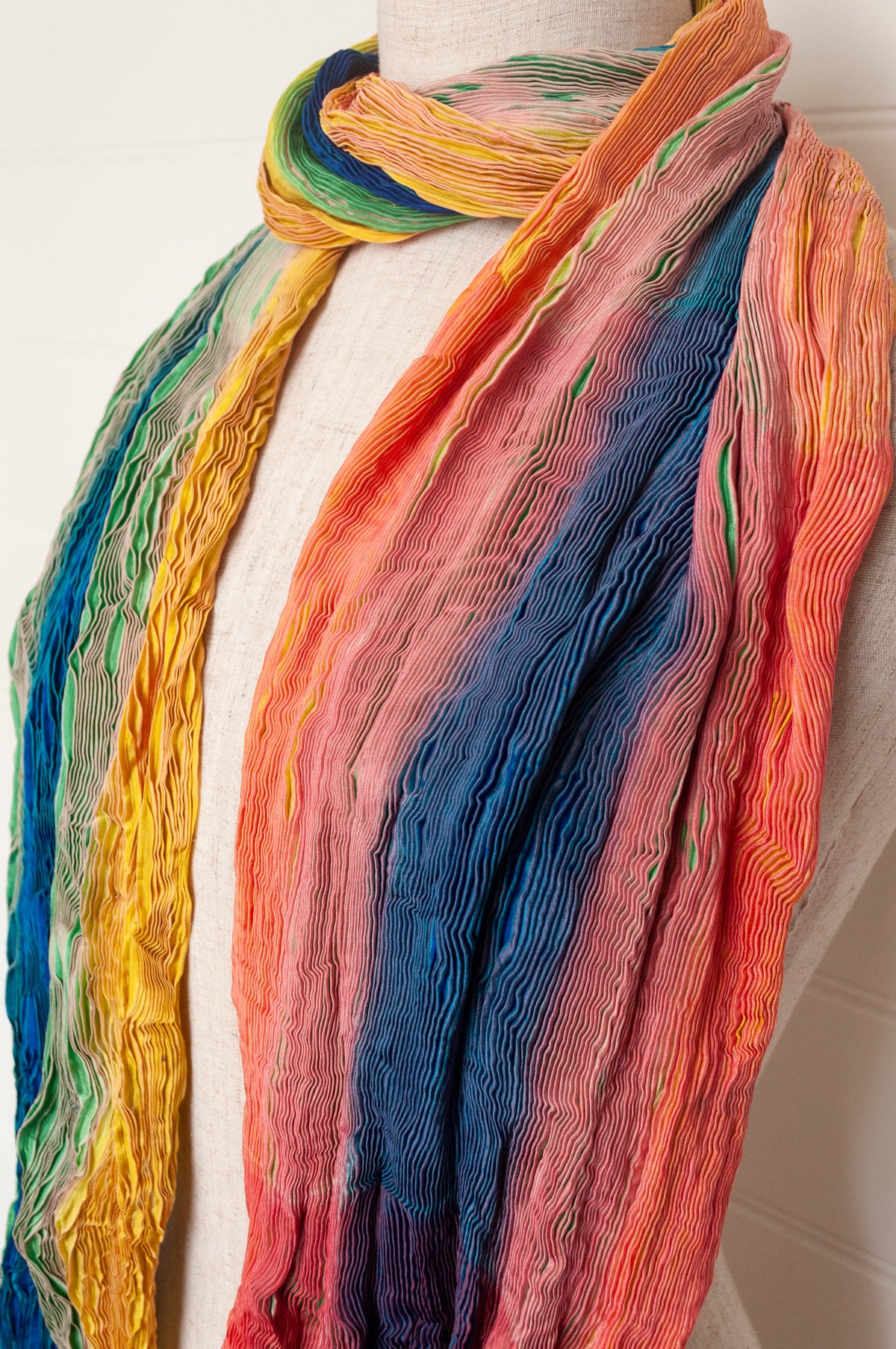 Neeru Kumar shibori dyed pure silk crinkle scarf in rainbow colours.