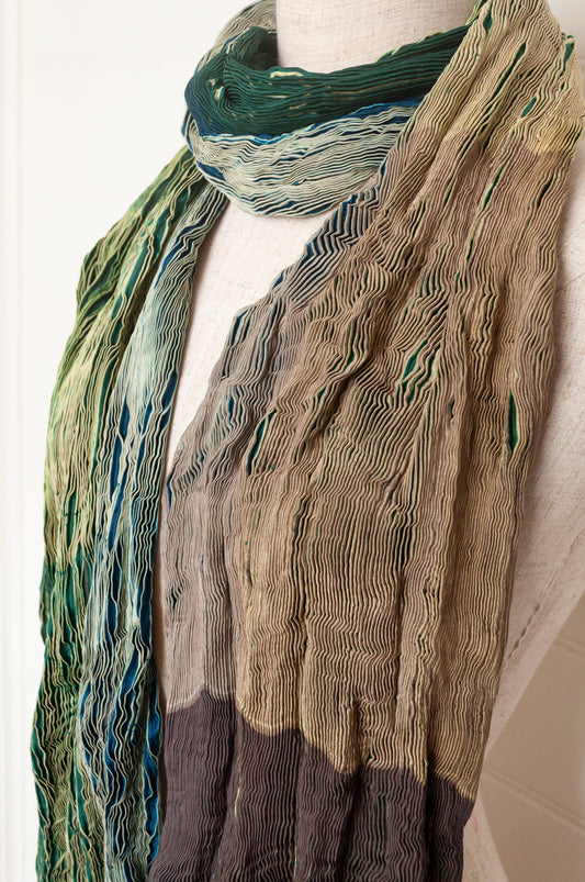 Neeru Kumar shibori dyed pure silk crinkle scarf in emerald green and coffee brown.