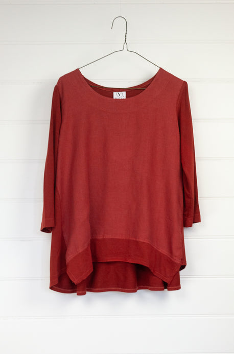Valia made in Melbourne Regatta top, A line in auburn rust red linen with cotton sleeves and back.