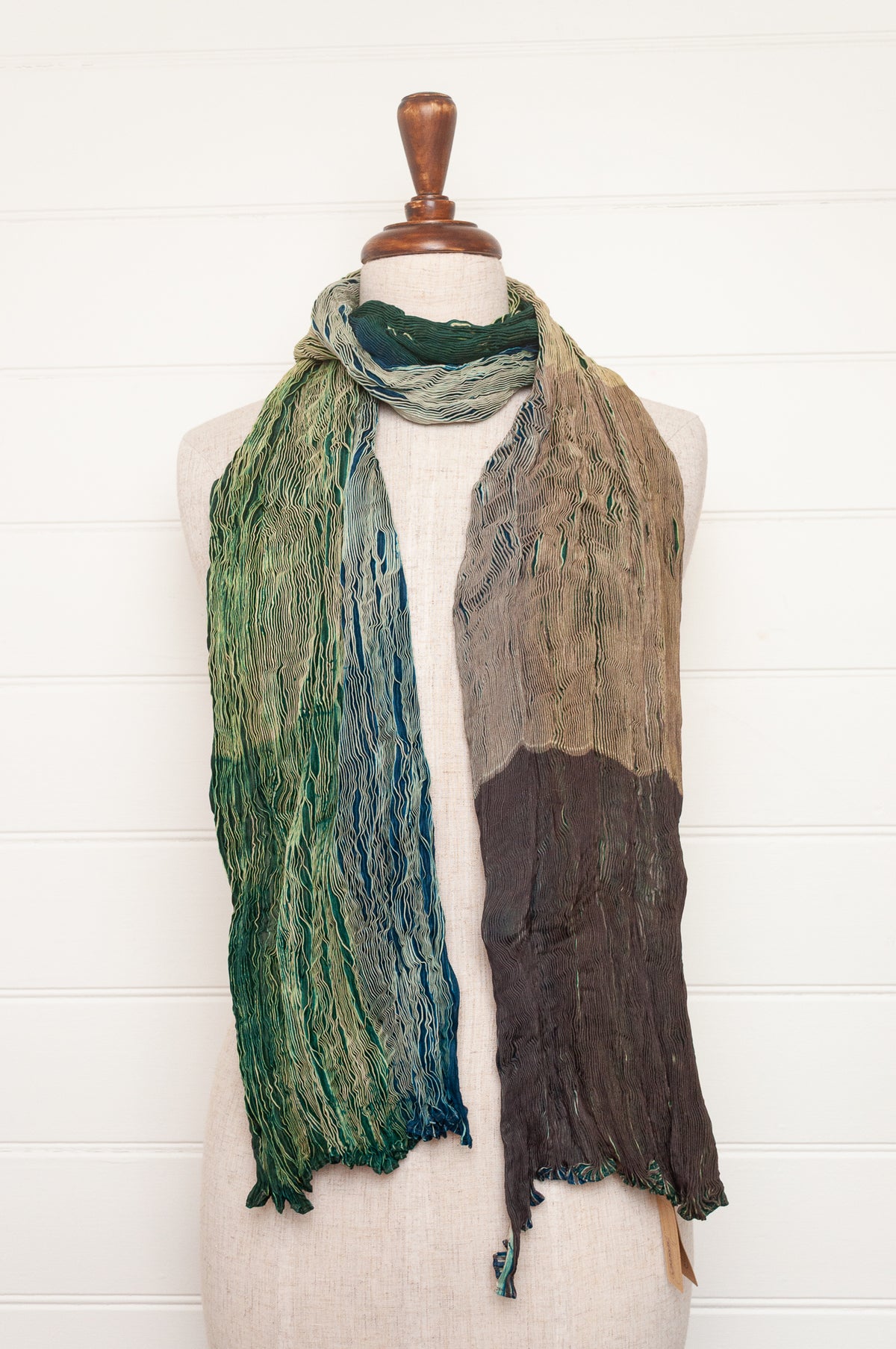 Neeru Kumar shibori dyed pure silk crinkle scarf in emerald green and coffee brown.