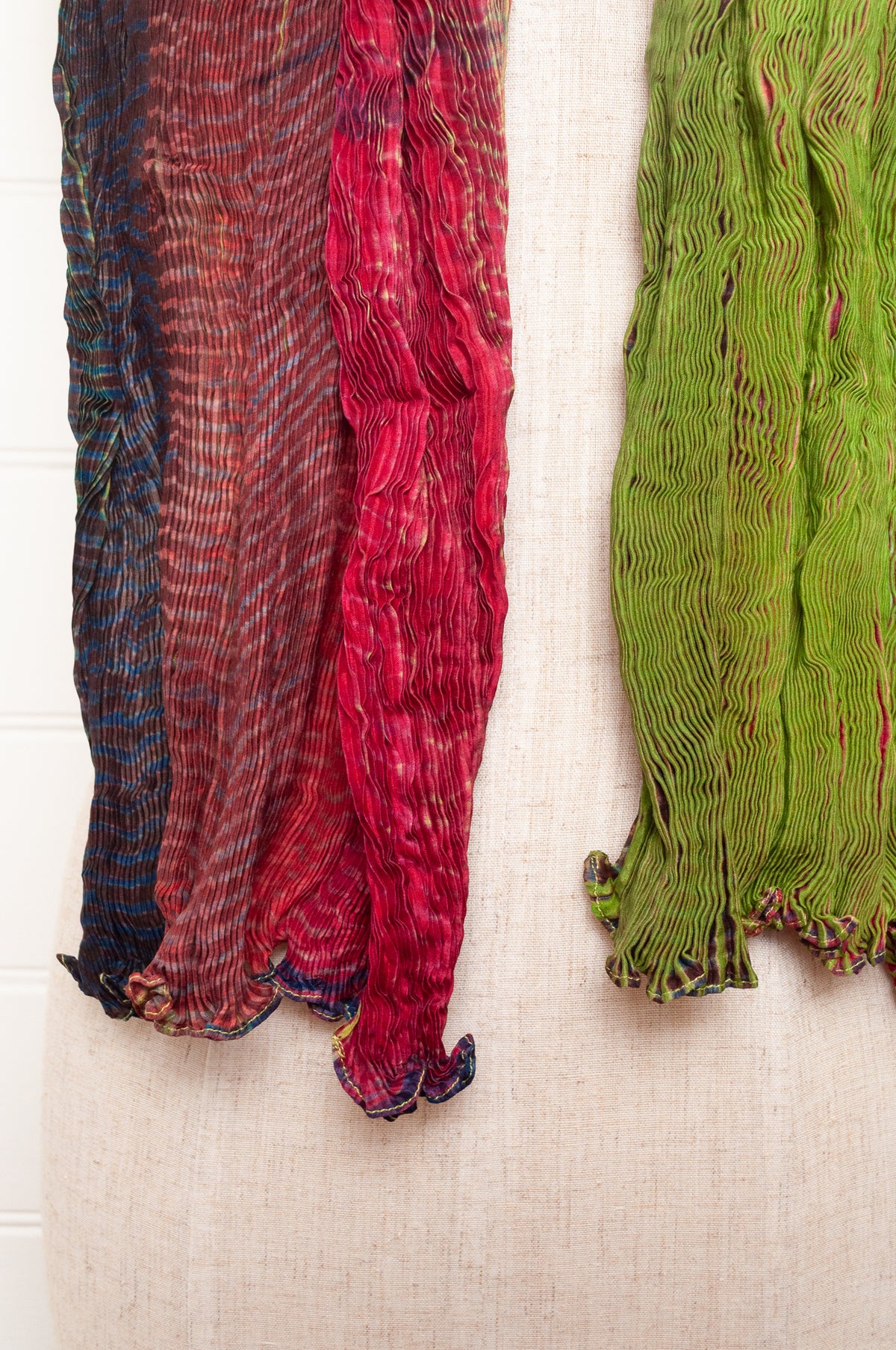 Neeru Kumar shibori dyed pure silk crinkle scarf in lime green and raspberry pink.