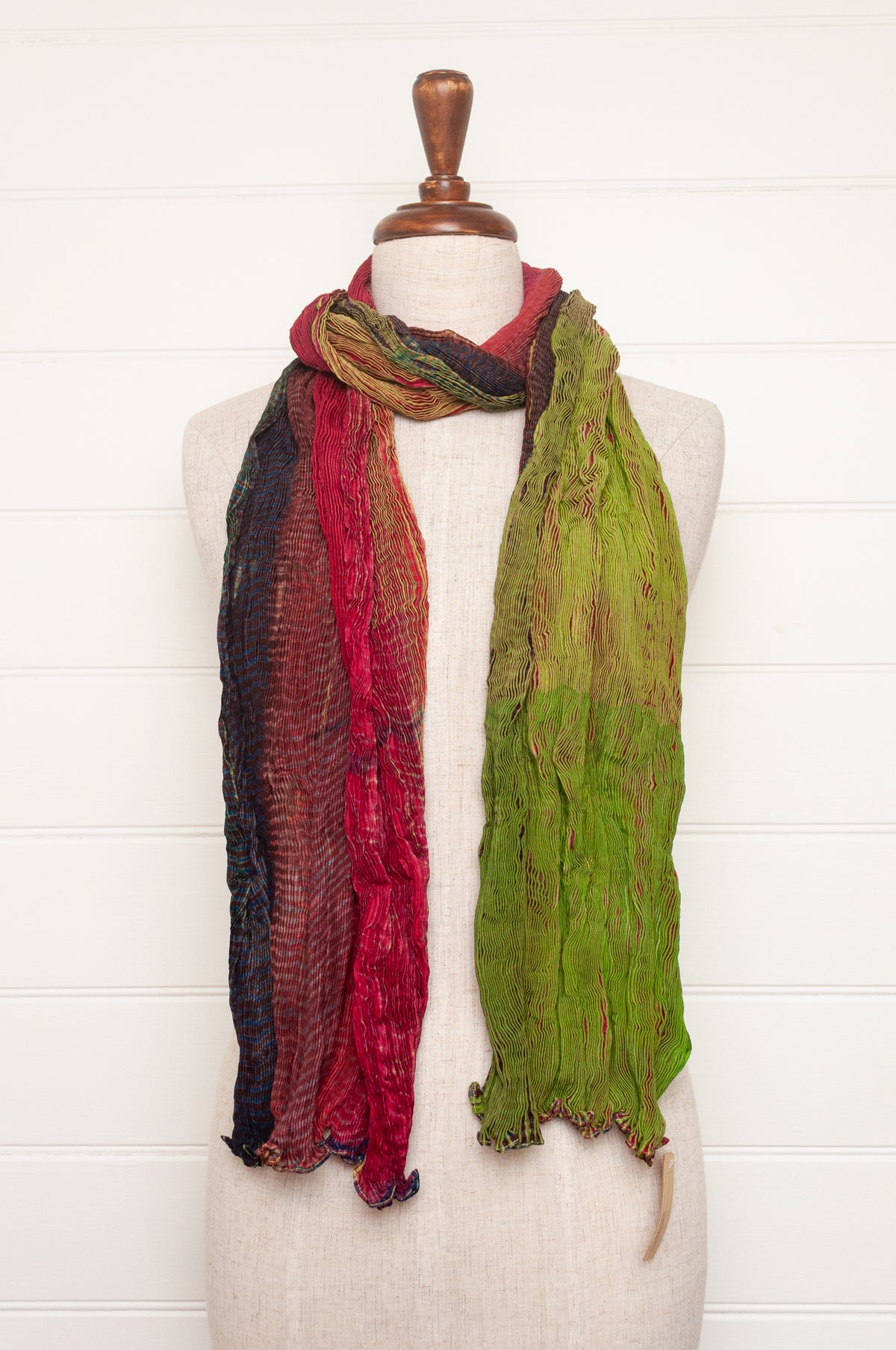Neeru Kumar shibori dyed pure silk crinkle scarf in lime green and raspberry pink.