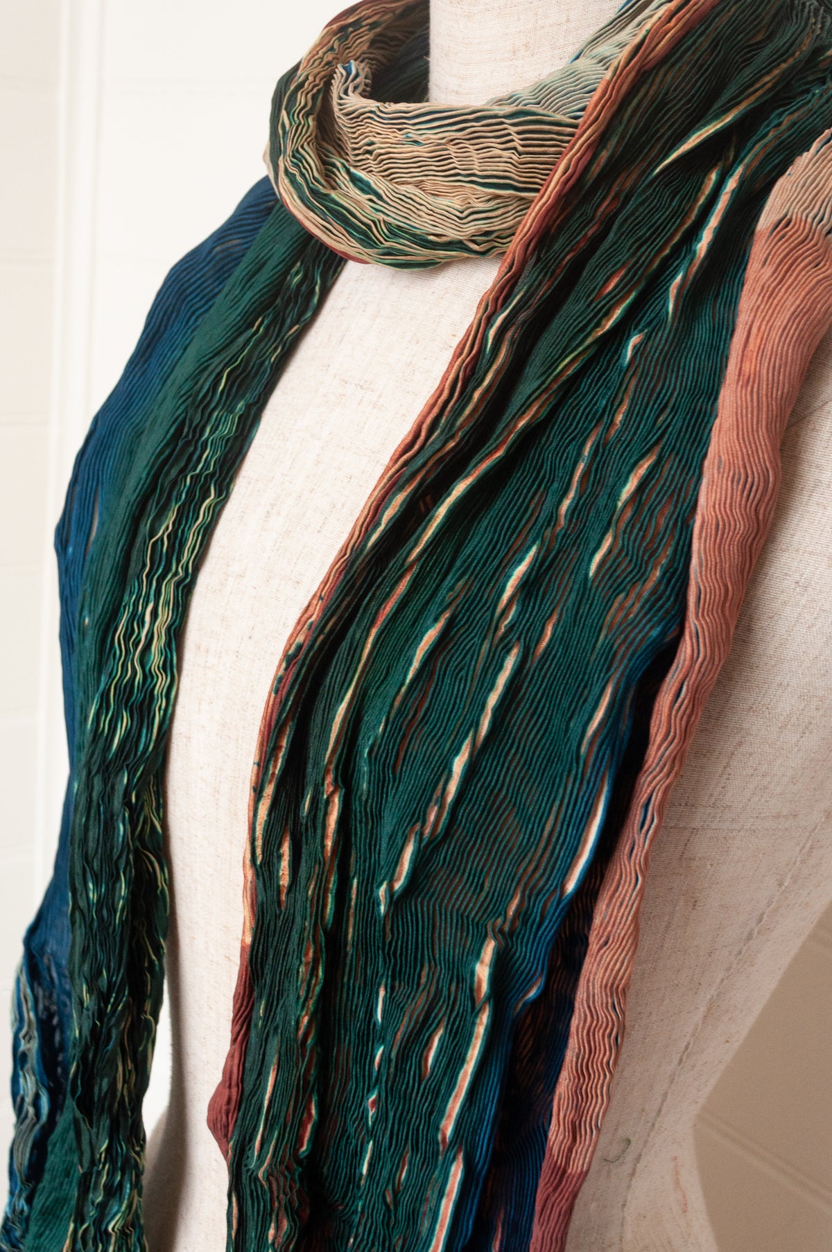 Neeru Kumar shibori dyed pure silk crinkle scarf in lavender and teal.
