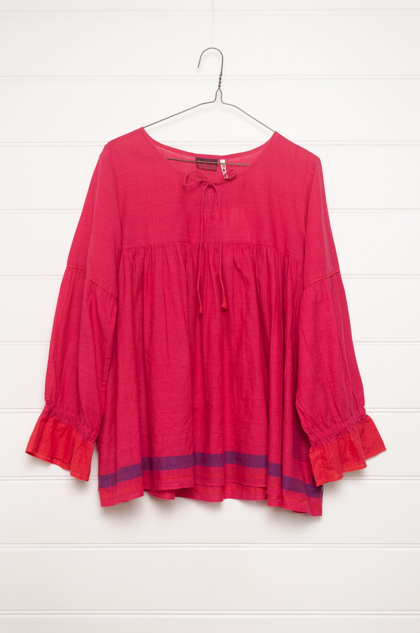 Lotus Veda Victoria blouse in handloom cotton bright raspberry pink red.