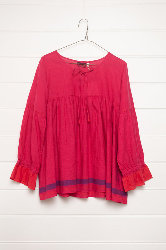 Lotus Veda Victoria blouse in handloom cotton bright raspberry pink red.