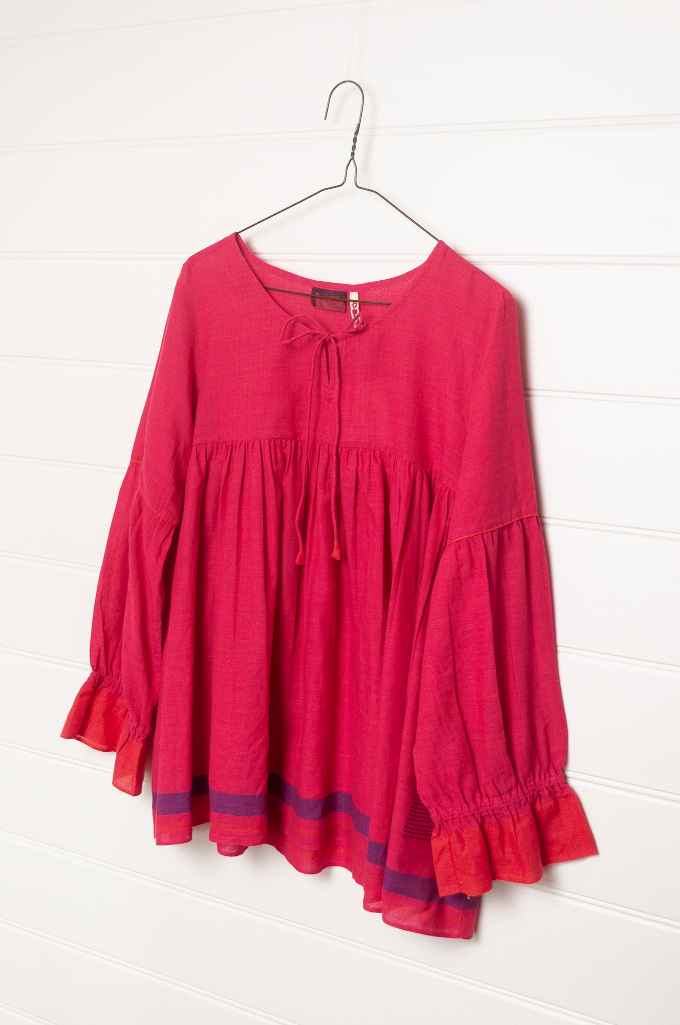 Lotus Veda Victoria blouse in handloom cotton bright raspberry pink red.