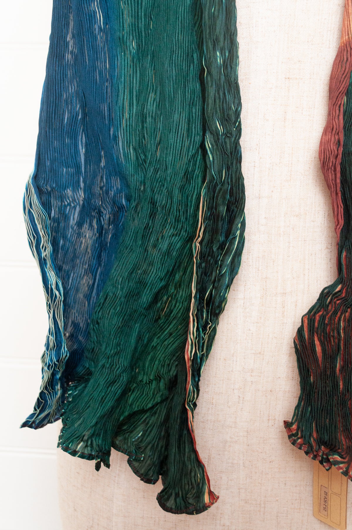 Neeru Kumar shibori dyed pure silk crinkle scarf in lavender and teal.
