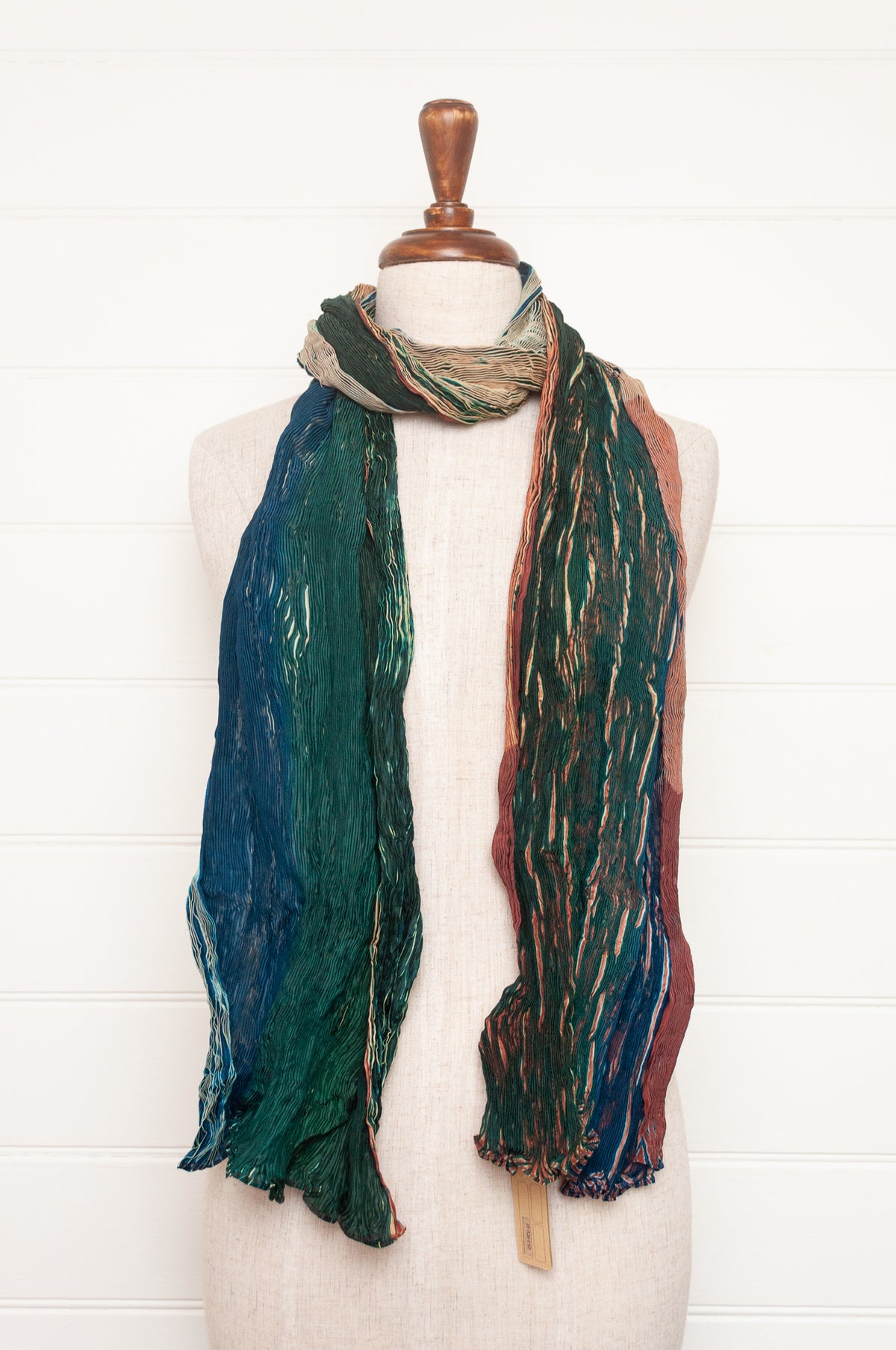 Neeru Kumar shibori dyed pure silk crinkle scarf in lavender and teal.