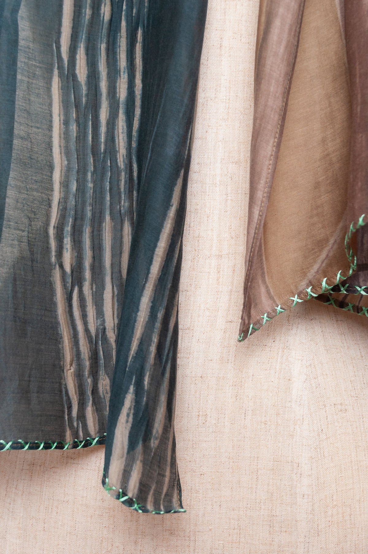 Neeru Kumar shibori dyed cotton silk scarf in coffee brown and teal, with handstitched edgings.
