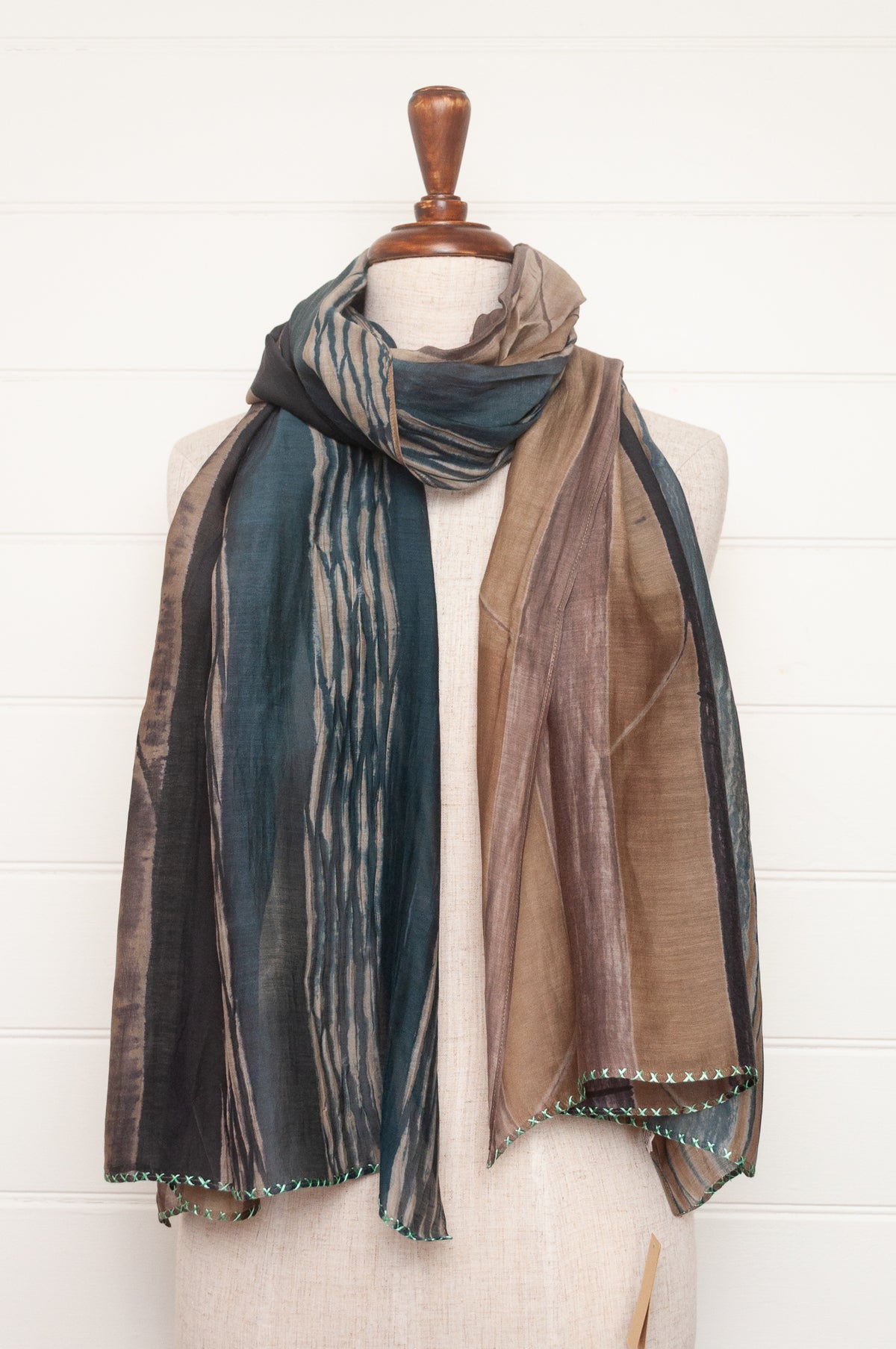 Neeru Kumar shibori dyed cotton silk scarf in coffee brown and teal, with handstitched edgings.
