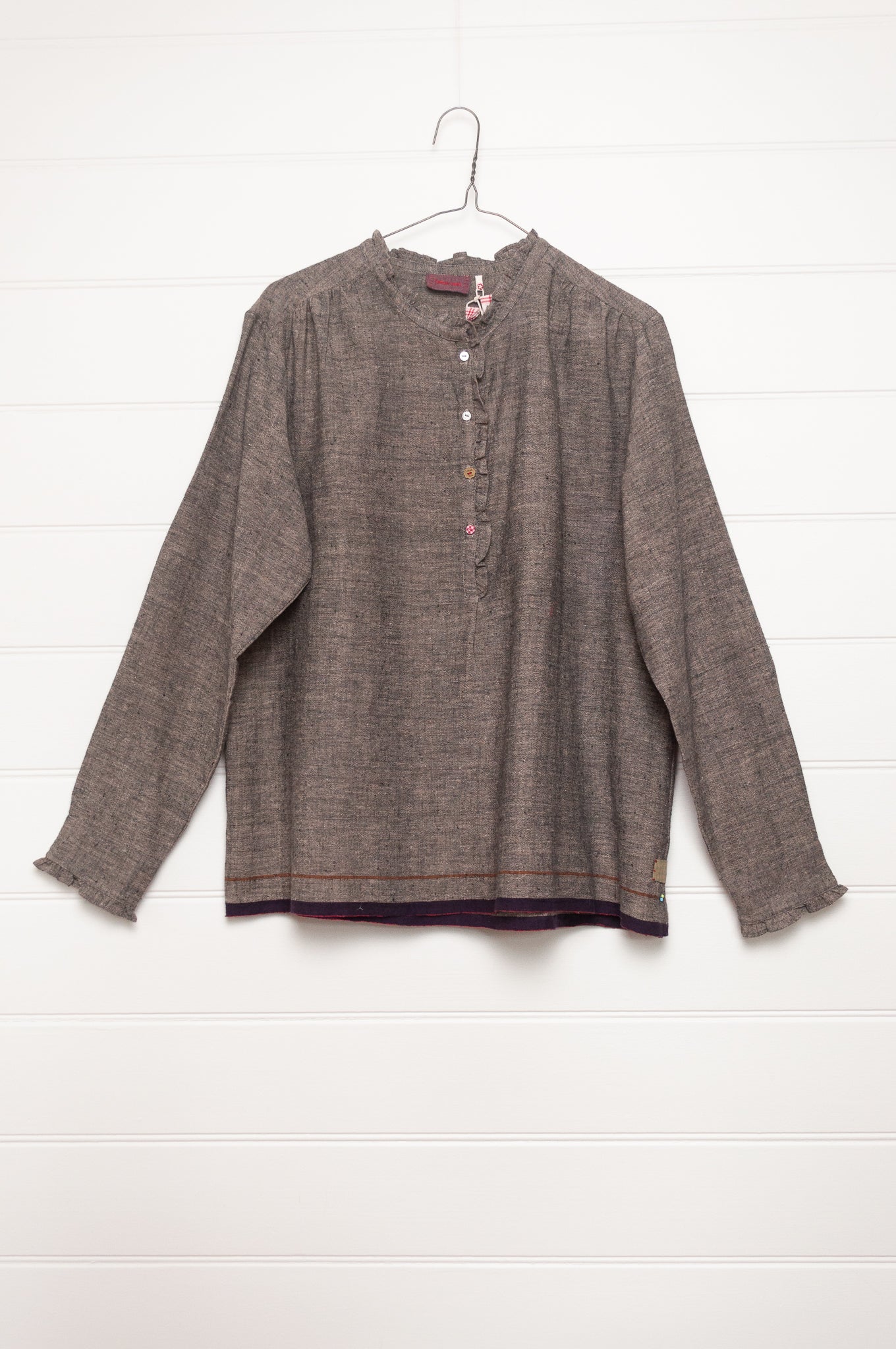 Lotus Veda Sky blouse in handloom kala cotton chambray charcoal grey.
