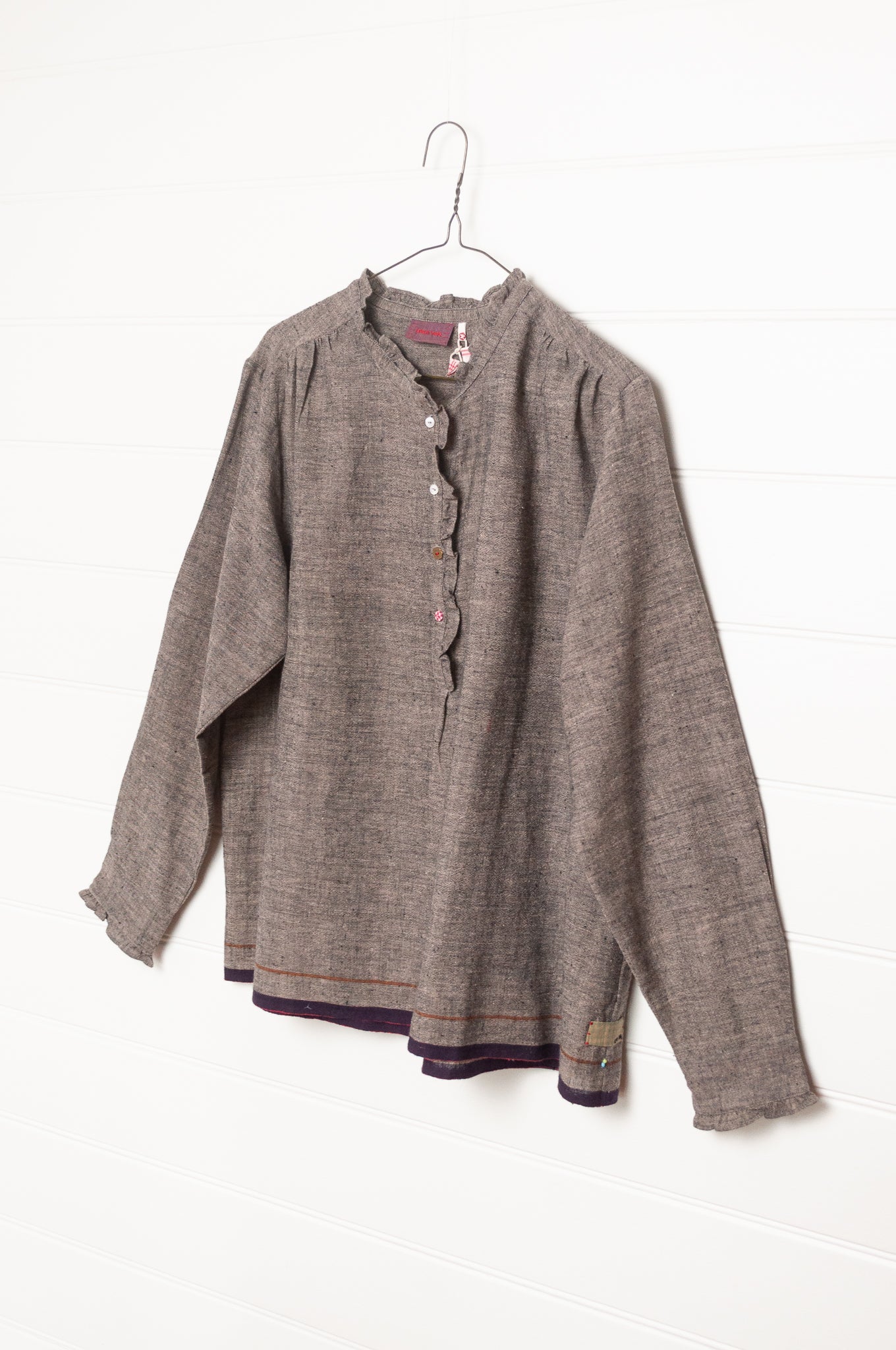 Lotus Veda Sky blouse in handloom kala cotton chambray charcoal grey.