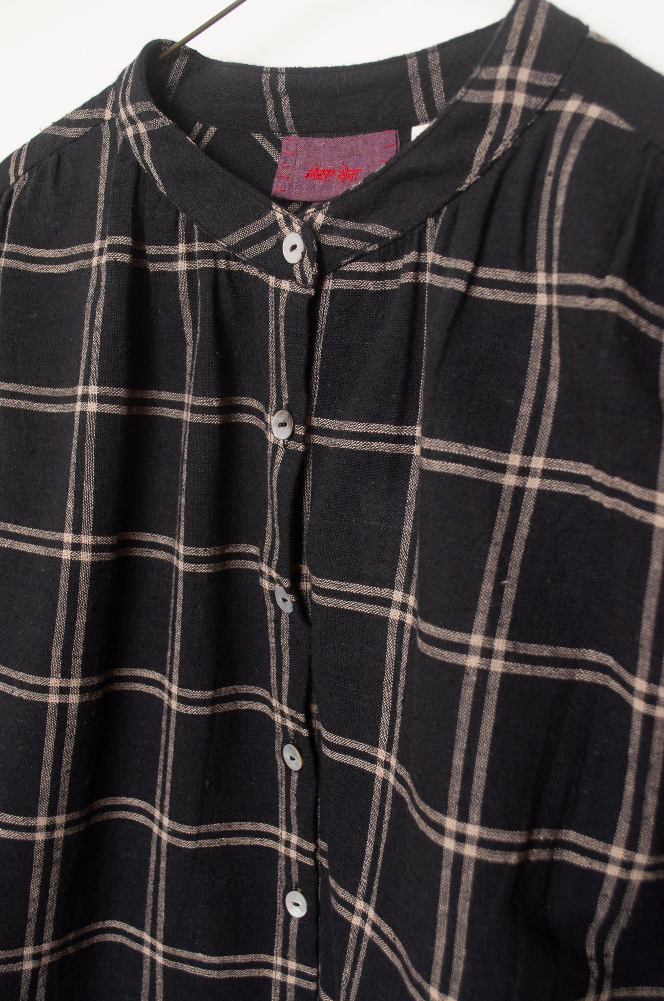 Lotus Veda Daffodil blouse in handloom kala cotton black and beige check.