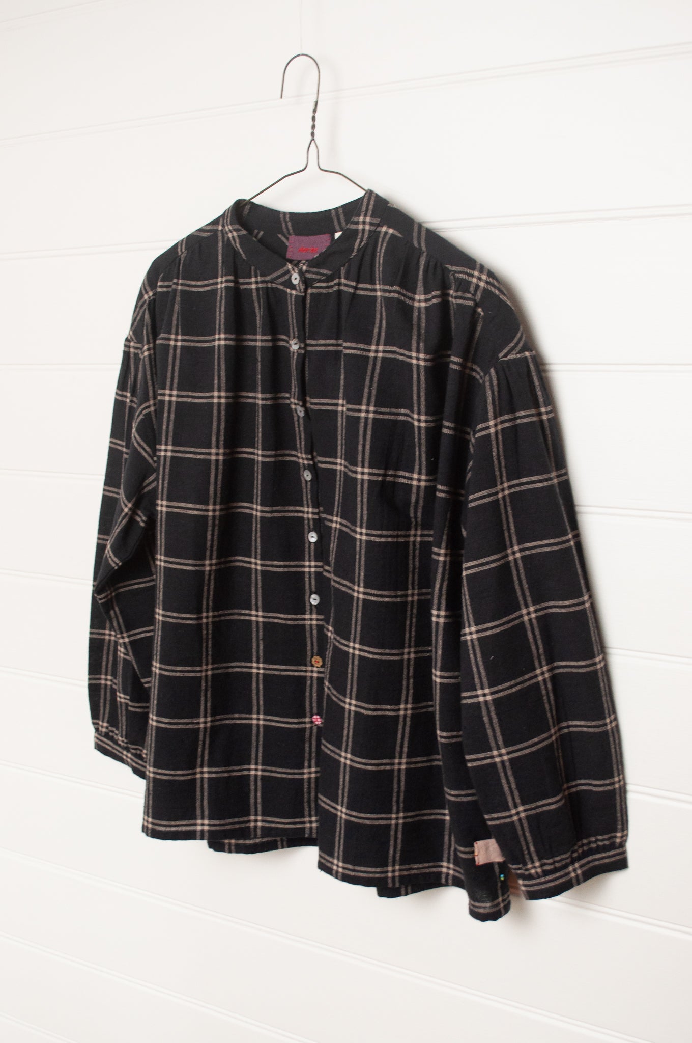 Lotus Veda Daffodil blouse in handloom kala cotton black and beige check.