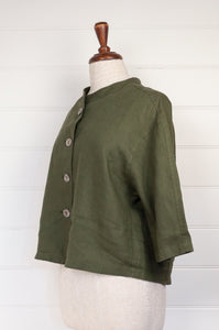 Valia made in Melbourne Port Fairy cropped jacket in olive green linen.