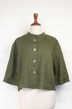 Load image into Gallery viewer, Valia made in Melbourne Port Fairy cropped jacket in olive green linen.
