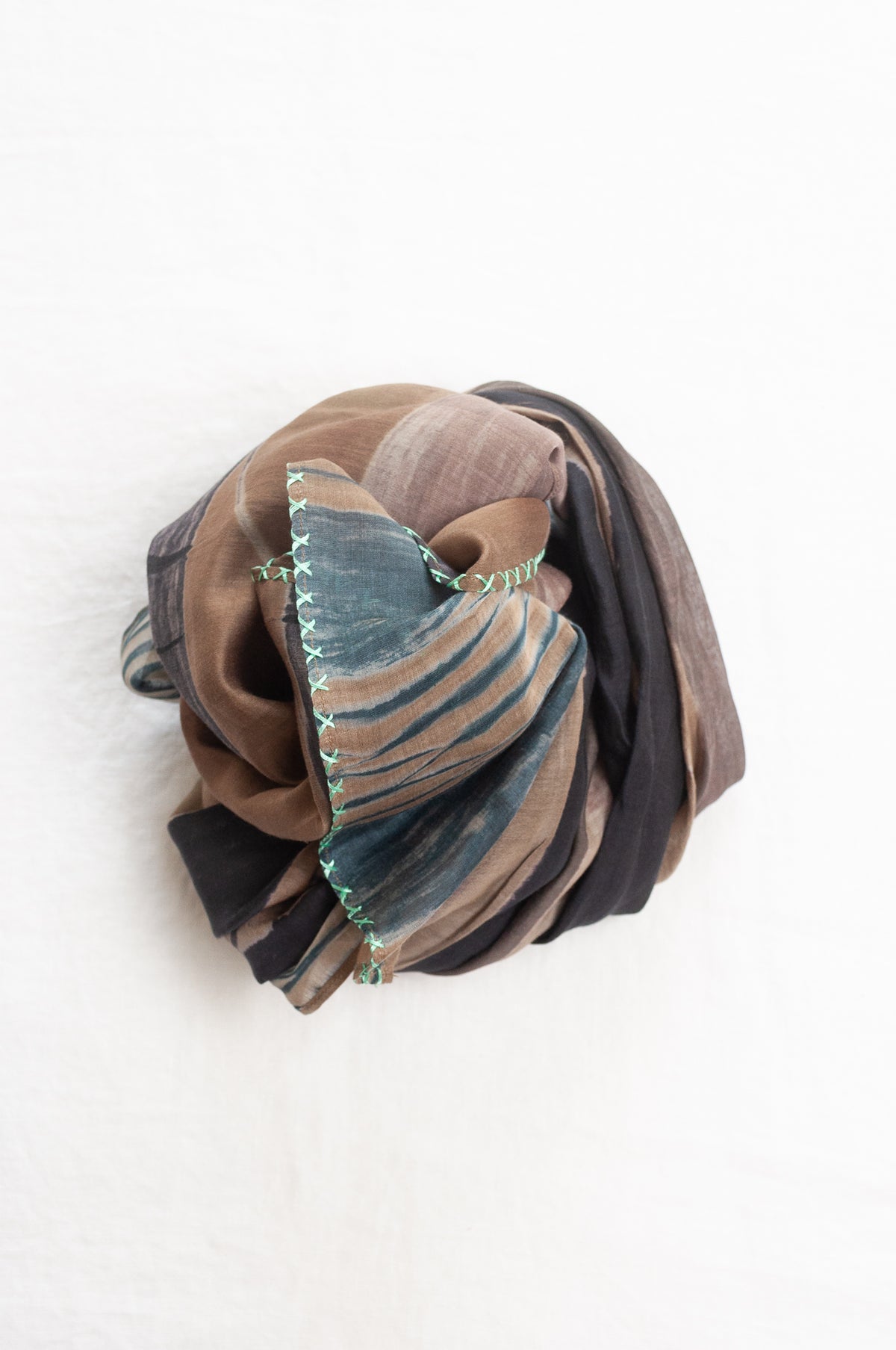 Neeru Kumar shibori dyed cotton silk scarf in coffee brown and teal, with handstitched edgings.