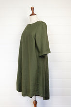 Load image into Gallery viewer, Valia made in Melbourne Maria dress A line mid length sleeves in olive linen.