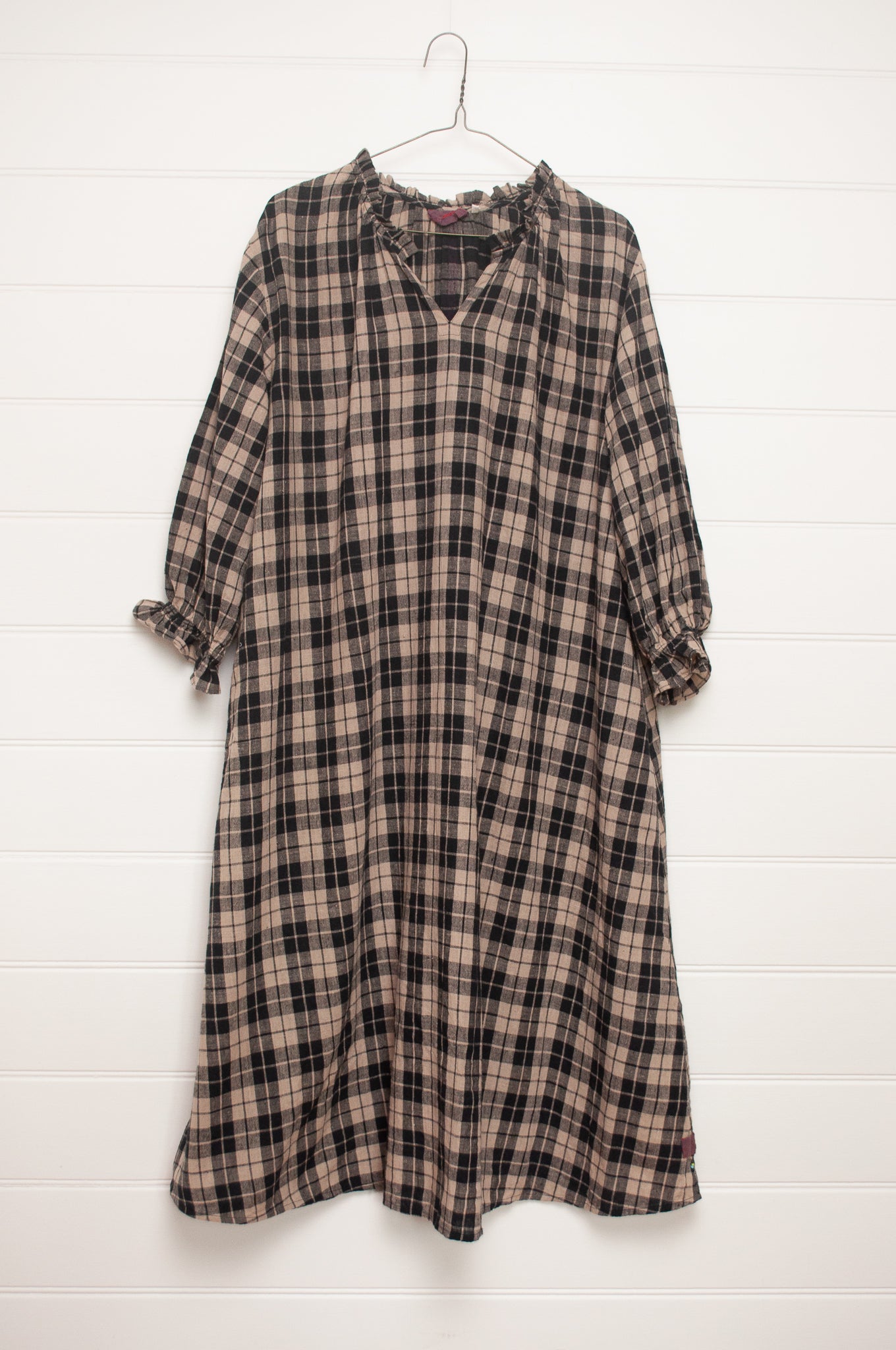 Lotus Veda River tunic dress kala cotton handloom in black and beige plaid.