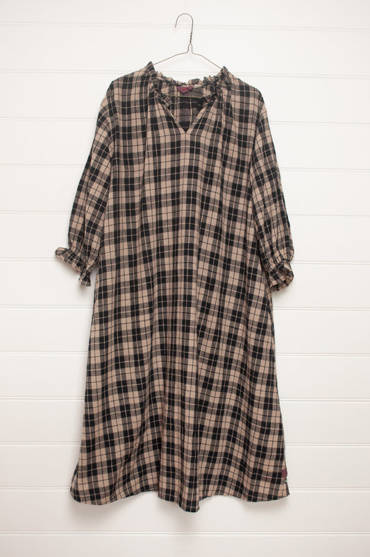 Lotus Veda River tunic dress kala cotton handloom in black and beige plaid.