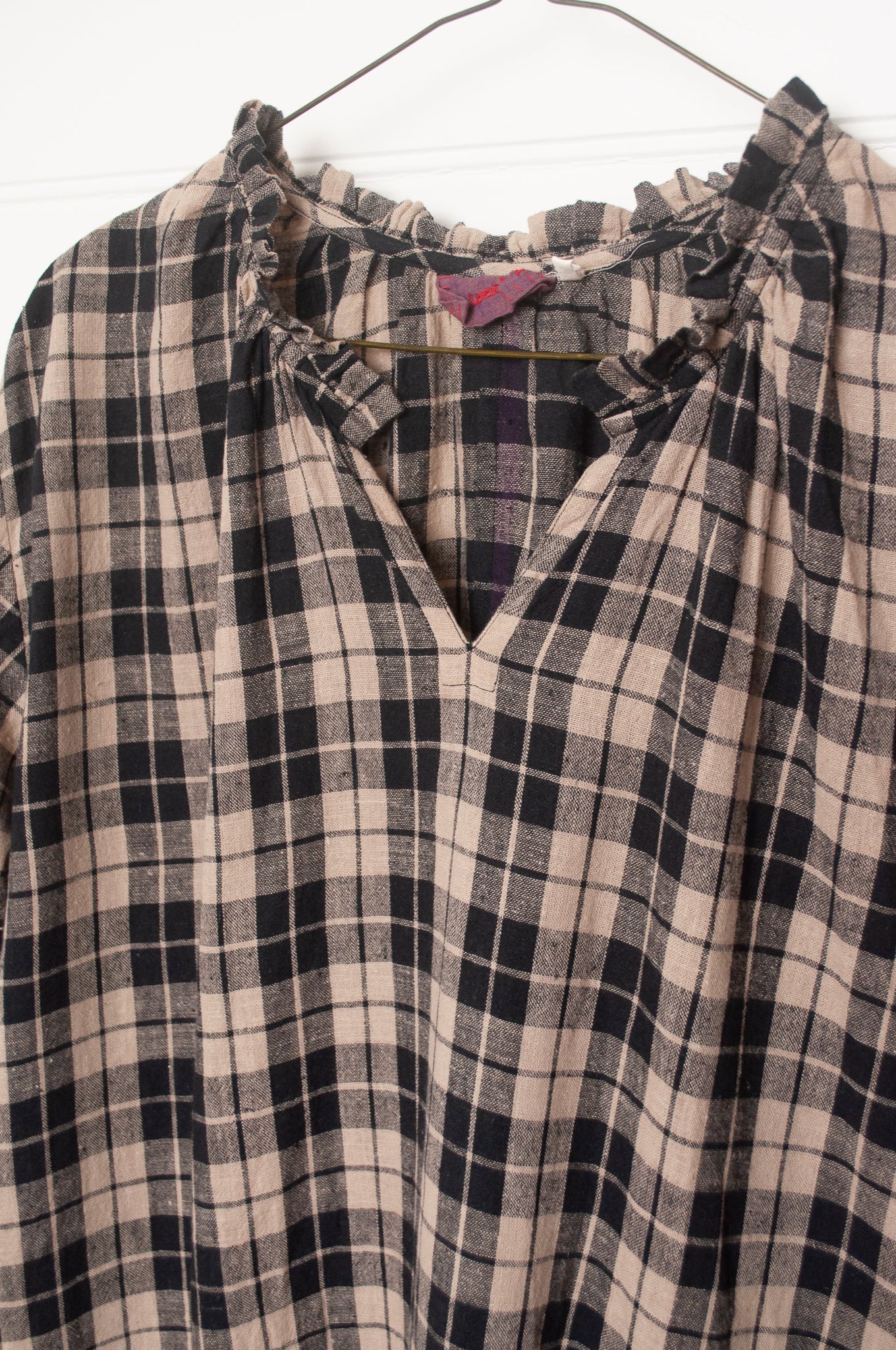 Lotus Veda River tunic dress kala cotton handloom in black and beige plaid.