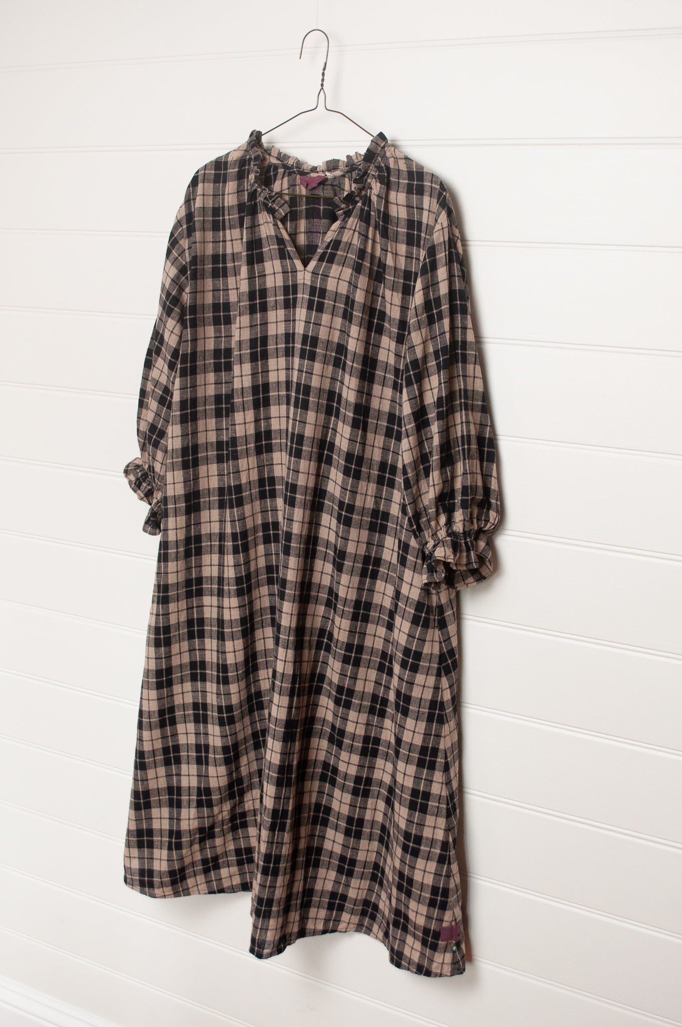 Lotus Veda River tunic dress kala cotton handloom in black and beige plaid.