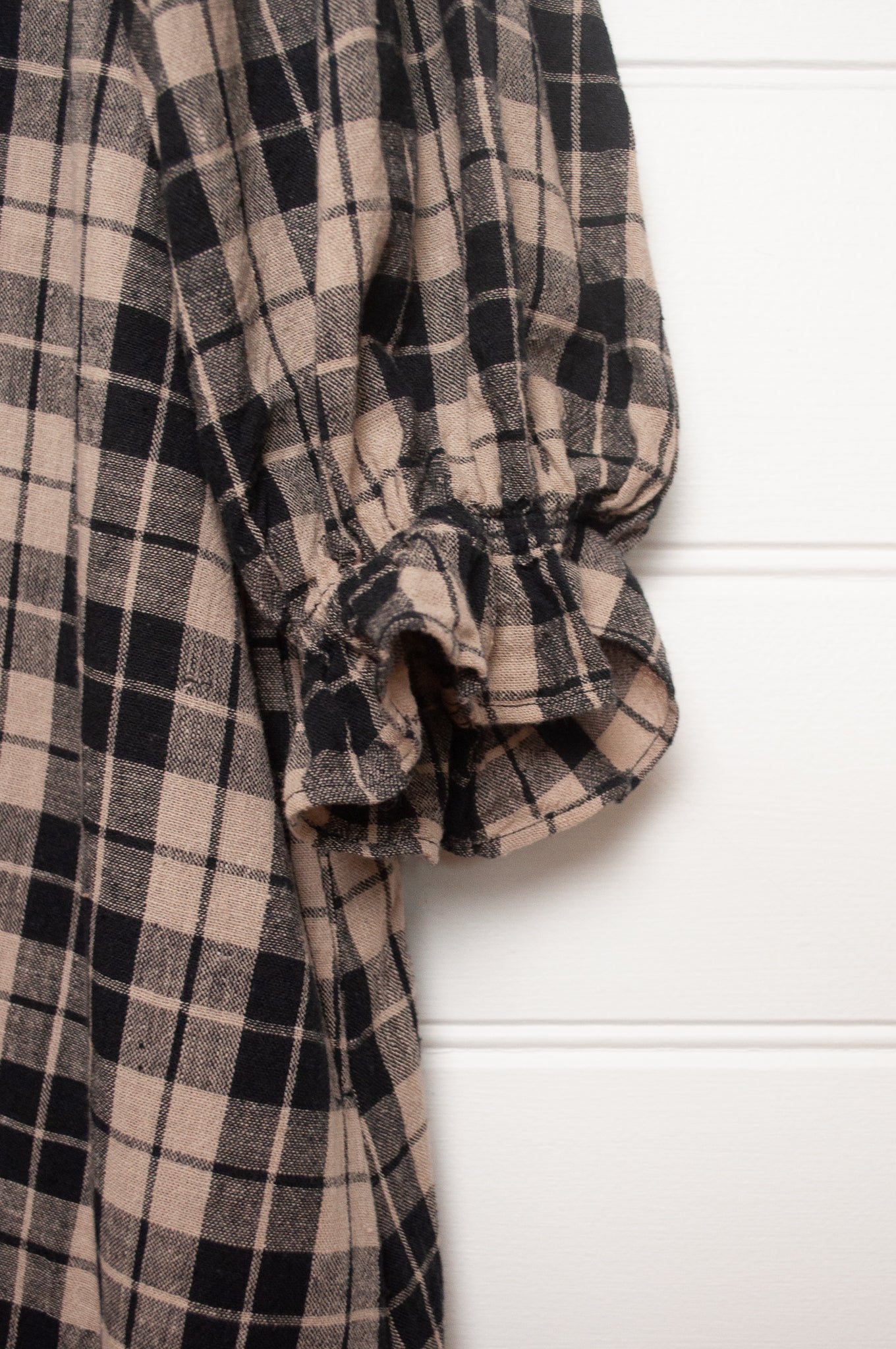 Lotus Veda River tunic dress kala cotton handloom in black and beige plaid.